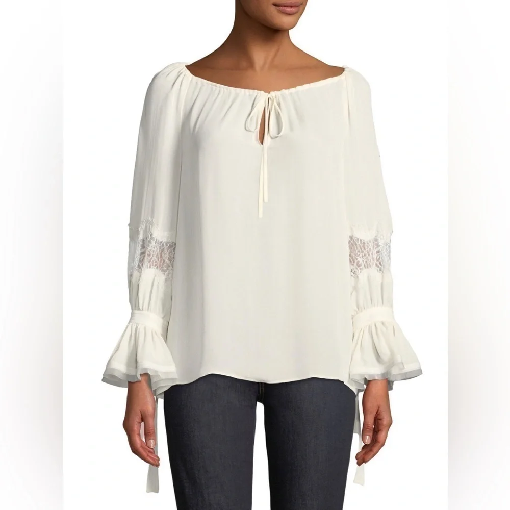 Tory Burch Christy Boat Neck, Lace Inset Long Sleeve Silk Blouse Small